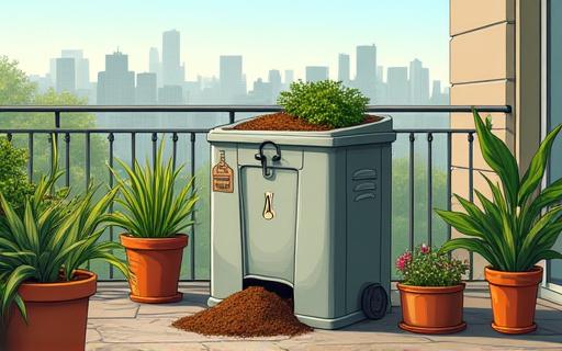 Illustrazione di compostaggio domestico su un balcone